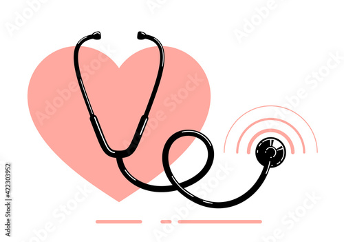 Stethoscope with heart vector simple icon isolated over white background, cardiology theme illustration or logo.