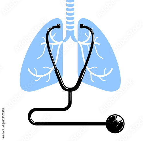 Stethoscope with lungs vector simple icon isolated over white background, pulmanology theme illustration or logo.