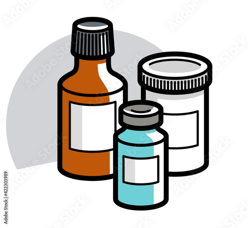 Medicine pharmacy theme medical bottles 3d vector illustration isolated, medicaments and drugs, health care meds cartoon, vitamins or antibiotics, simple linear design.