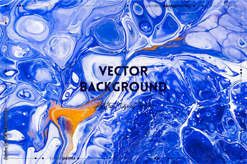 Fluid art texture. Background with abstract swirling paint effect. Liquid acrylic artwork with flows and splashes. Mixed paints for posters or wallpapers. Blue, golden and white overflowing colors.