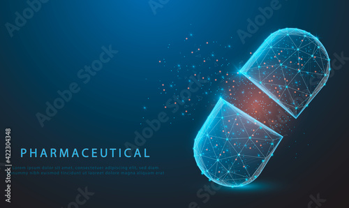 Pills. Abstract polygonal wireframe light capsule in blue background. Medical, pharmacy, health, vitamin, antibiotic, pharmaceutical, treatment concept illustration. glowing blue or low polygon.
