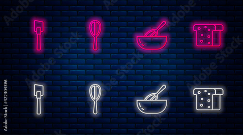 Set line Kitchen whisk, and bowl, Spatula and Bread toast. Glowing neon icon on brick wall. Vector
