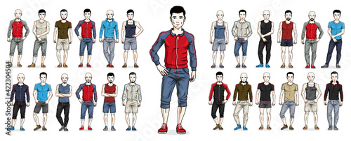 Handsome men in sport wear standing and posing vector illustrations big set isolated on white, attractive gorgeous males in full length people characters collection slim perfect athletic body.