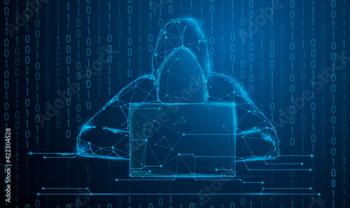 Hacking and malware concept. Hacker using abstract laptop with binary code digital interface. Low polygon, particle, and triangle style design.Wireframe light connection structure.