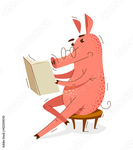 Funny cartoon pig reading a...