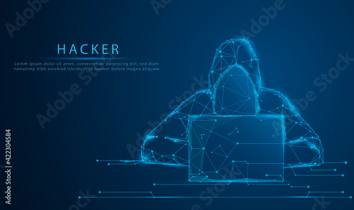 Hacking and malware concept. Hacker using abstract laptop with binary code digital interface. Low polygon, particle, and triangle style design.Wireframe light connection structure.