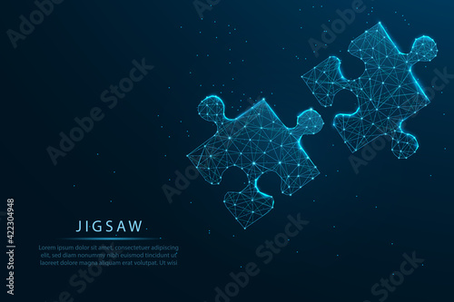connecting a jigsaw puzzle with glowing blue. Low polygon or low poly design and triangle style design.Wireframe light connection structure, Business solutions, success, and strategy concept