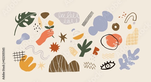 Collection of various modern abstract geometric shapes. Bundle of trendy graphic design elements in doodle art style. Colorful flat textured vector illustration of contemporary geometry