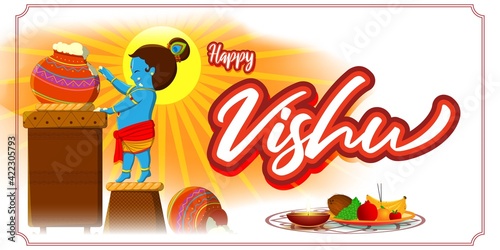 Vector illustration of Happy Vishu concept banner. kerala New Year, Indian hindu festival poster with vishu flowers and pots.