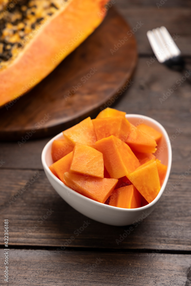 Sliced ripe papaya fruit on a white plate ready to eat Sliced ripe papaya fruit on a white plate ready to eat