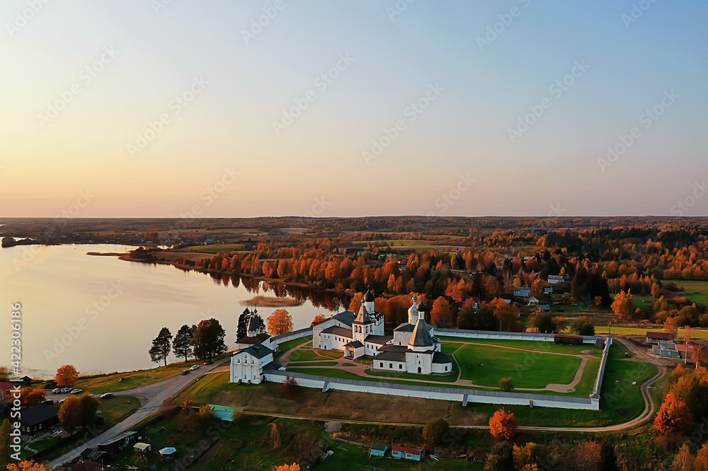 landscape of ferapontov monastery autumn, top view drone, orthodox church of vologda