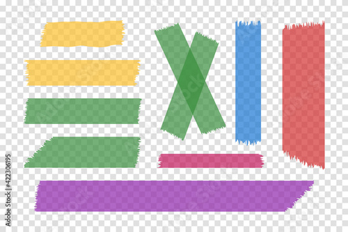 Adhesive colored torn tape. Sticky strips. Objects on an isolated transparent background.