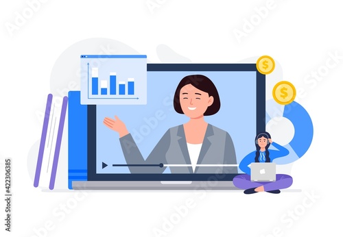 A young woman studies economy and watches the online course. Banner or background for a site with a distance education theme. Vector flat illustration.