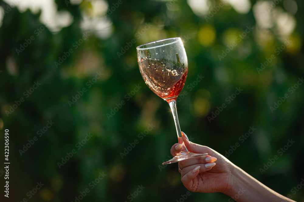 Vintner woman tasting red wine from a glass in a vineyard - obrazy, fototapety, plakaty 