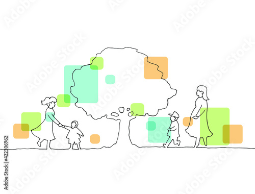 木の下の人々　手描き線画イラスト