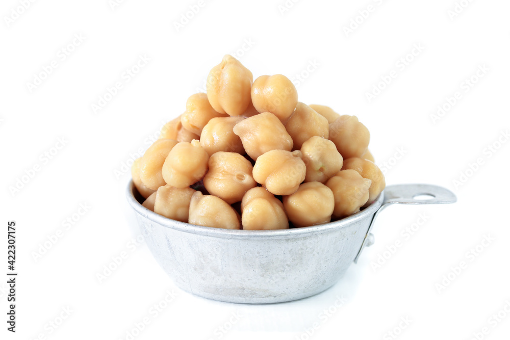 Boiled Chickpeas In a tin bowl. Isolated white background Boiled Chickpeas In a tin bowl. Isolated white background