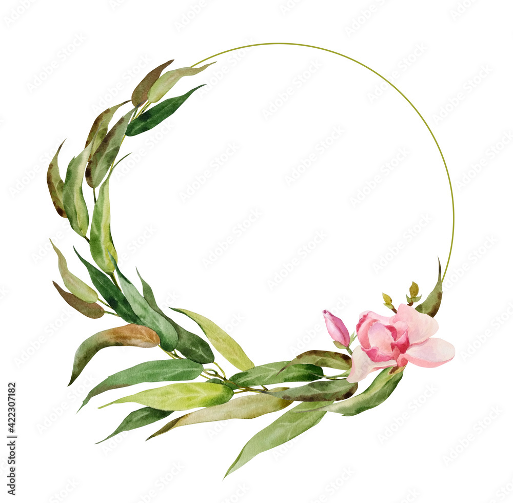 Round frame of twigs and long eucalyptus leaves with pink magnolia flowers. There is a place for your text. The watercolor illustration is made by hand.