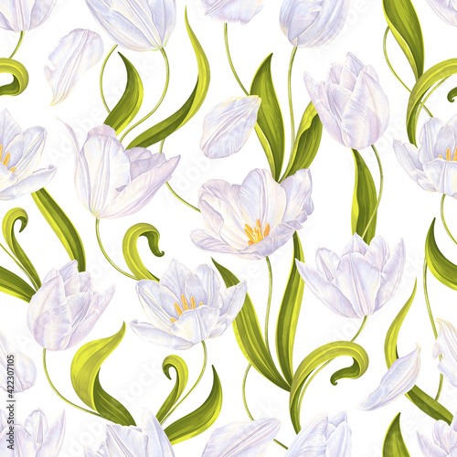 Realistic white tulips  light green leaves vector seamless background for wedding  textile print  wallpaper texture  pattern for desktop on computer  phone  print for covers  template for banner