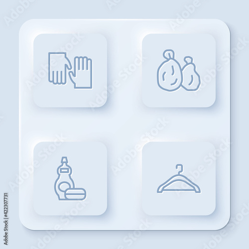 Set line Rubber gloves, Garbage bag, Dishwashing liquid bottle and Hanger wardrobe. White square button. Vector