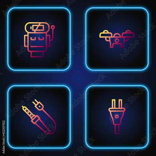 Set line Electric plug, Soldering iron, Robot low battery charge and Drone. Gradient color icons. Vector