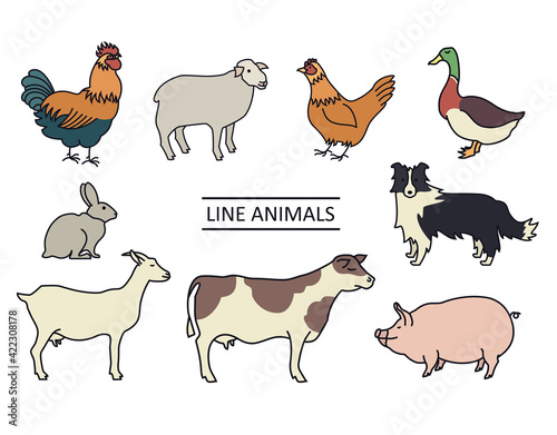 Farm animals Line vector illustration Isolated objects