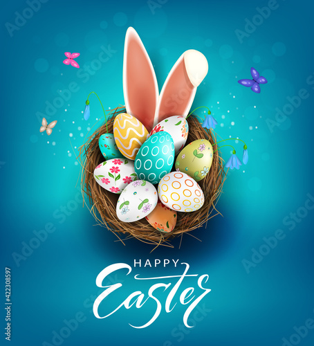 Easter blue illustration, eggs in a basket with a beautiful pattern, bunny ears, snowdrops flowers