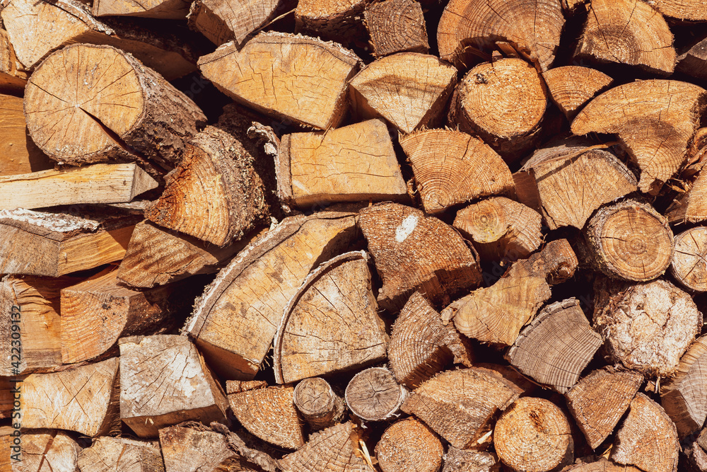 Structure or pile composed of blocks, pieces or logs of wood in winter or spring with snow. The art of stacking wood for drying and storage Structure or pile composed of blocks, pieces or logs of wood in winter or spring with snow. The art of stacking wood for drying and storage