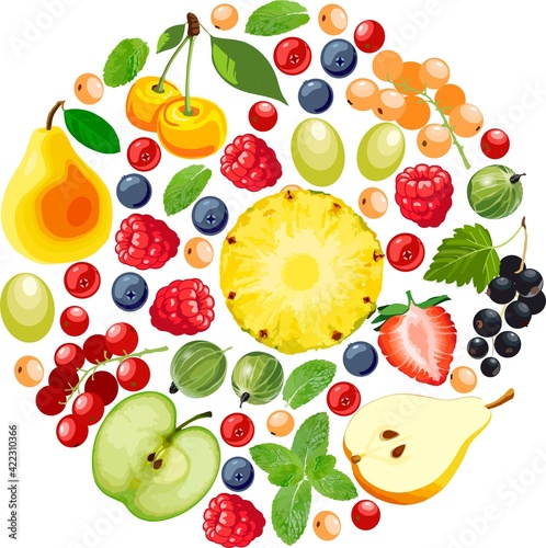 Fototapeta Naklejka Na Ścianę i Meble -  Mix of berries, pineapple, pears and apples in a circle