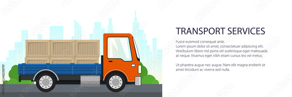 Small cargo truck on the road, lorry with boxes on a background of the city, banner of delivery services, logistics, shipping and freight of goods, vector illustration
