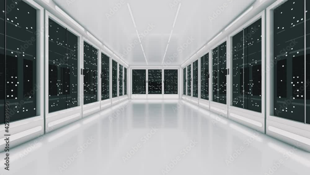 Virtual hi tech animation. White server room with servers behind glass panels in data center. Big data storage. Concept of data transmission, computer communication, digital information travels.
