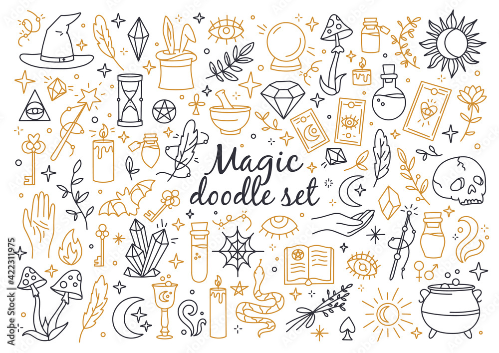 A magical and witchcraft set of doodle style icons A magical and witchcraft set of doodle style icons