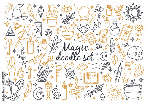 A magical and witchcraft set of doodle style icons