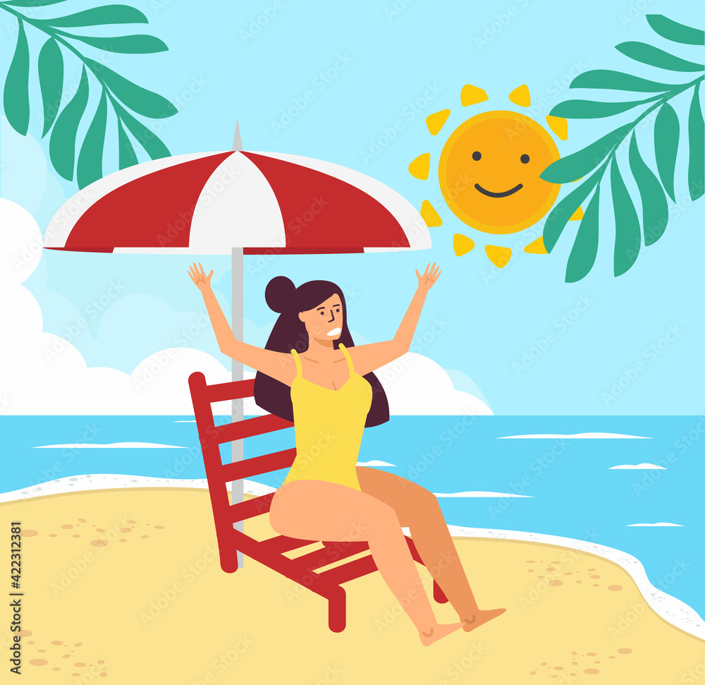 Girl on beach with deck chair  Summer