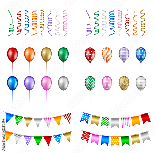 set of party elements. isolated streamers balloons and pennants 