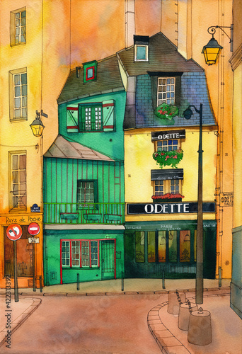 Odette cafe in Paris, watercolor architecture painting photo