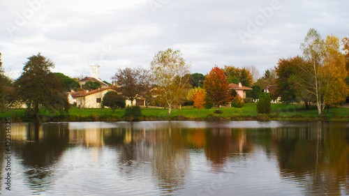Cadre idyllique au bord d'un étang, magnifié par les couleurs de l'automne