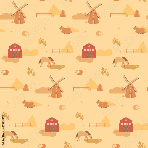 Cows and horses on the field. Dusk autumn sunset. Harvest, wheat, mill, barn, and sunflowers. Countryside vector illustration, seamless pattern. Farming, agricultural concept. Summer landscape