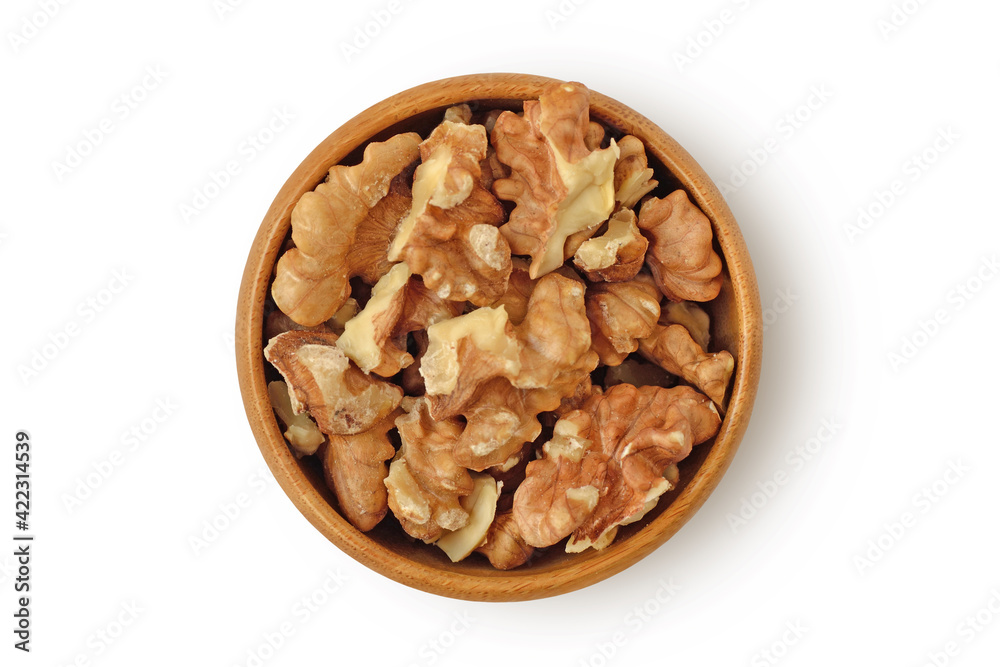 Walnuts in wooden bowl on white background Walnuts in wooden bowl on white background
