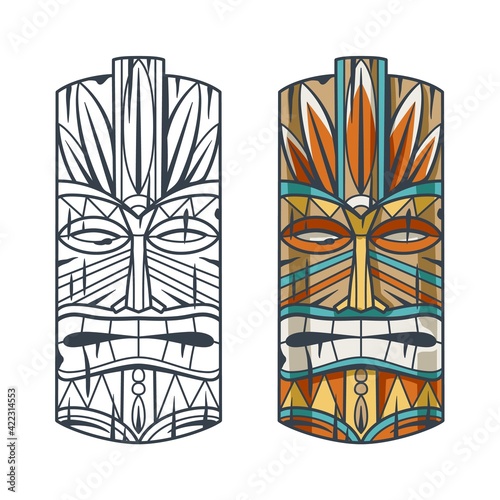 Trendy hawaii wooden tiki mask for surfing bar. Traditional ethnic idol of hawaiian, maori or polynesian. Old tribal totem