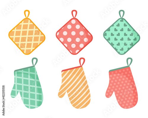 Vector illustration of oven mitt. A set of colored kitchen accessories with patterns. Isolated on white background.
