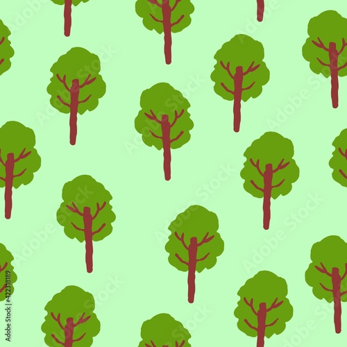 Vector seamless pattern with green deciduous trees. Brown trunk. Green background. Cartoon style. Spring and summer. Nature and ecology. Post cards, wallpaper, wrapping paper, scrapbooking, textile