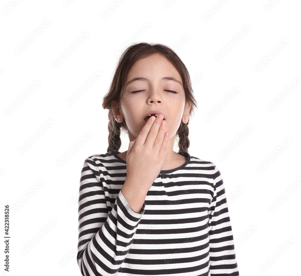 Sleepy little girl yawning on white background Sleepy little girl yawning on white background