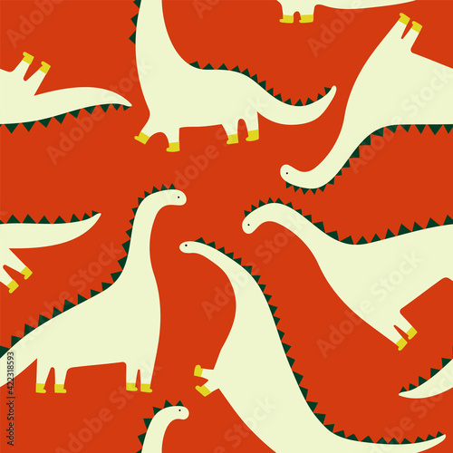 Cute vector seamless pattern with dinosaurs diplodocus on red background . Childish print for textiles, wallpapers, designer paper, etc