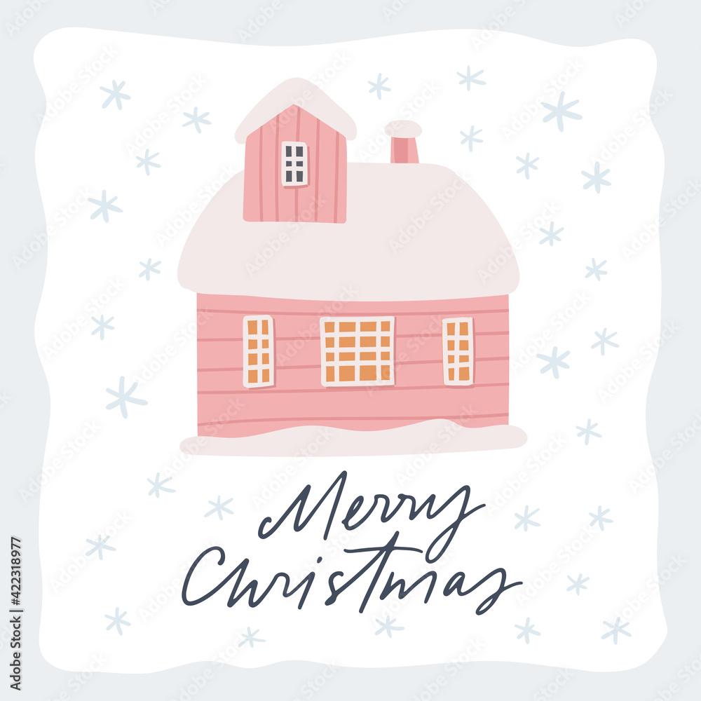 Merry Christmas hand drawn greeting card. Snowy house vector illustration, calligraphy quote	