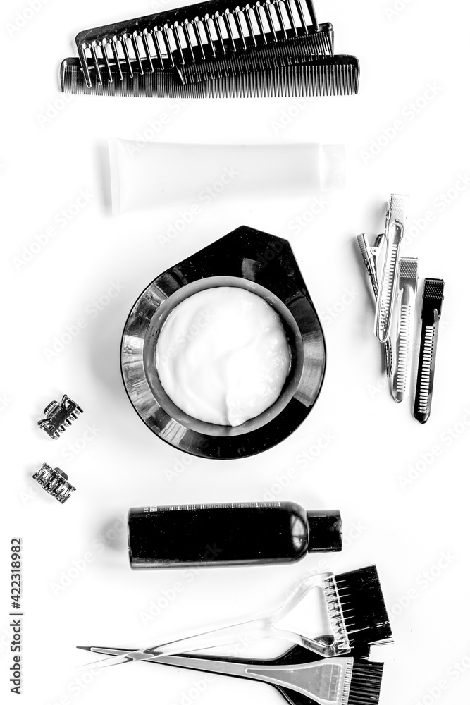 barbershop concept with hairdye tools on white background top view barbershop concept with hairdye tools on white background top view