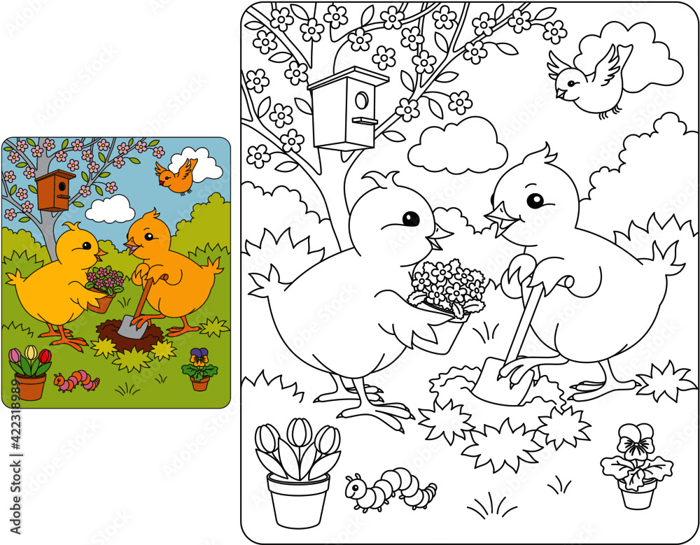 Fototapeta premium Chickens in the garden in curves