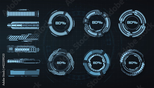 Futuristic Element Loading Bars. Download, loading  upload, timeline for game GUI, UI. Straight and circular loading scale isolated on a dark background. Vector illustration