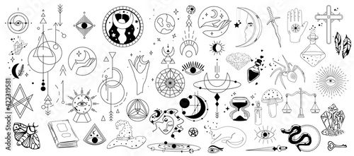 Boho Mystic Magic elements symbols. Doodle esoteric, boho mystical hand drawn elements isolated background. Perfect for posters, tattoo, textile, cards, mystery. Magic set. Vector illustration