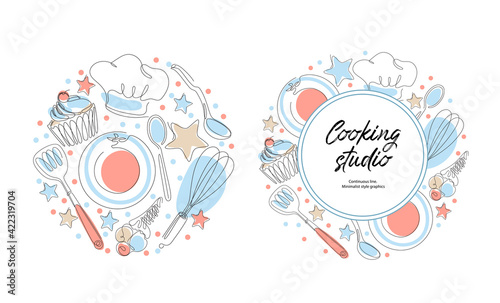 Culinary products and cooking utensils. Cupcakes, plates, spoons, cook hat.