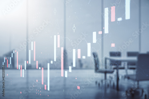 Abstract virtual financial graph hologram on a modern furnished classroom background, financial and trading concept. Multiexposure